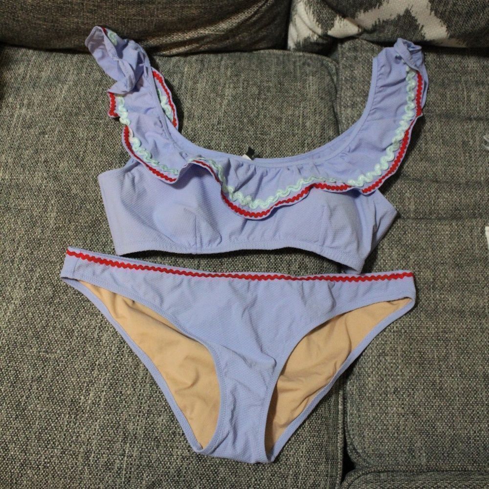 J Crew.  Ruffle Top and Red Trim Bikini Bottoms. Sz. L